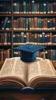 Graduation cap rests on open book in library filled with bookshelves photo