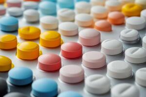 Colorful assortment of tablets displayed creatively for pharmaceutical marketing purposes photo