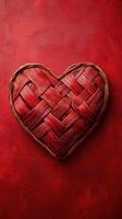 Woven heart made of red and natural fibers on a vibrant red background photo
