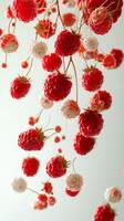 Colorful clusters of raspberries suspended in space create a vivid and playful visual display photo