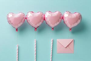 Heart shaped balloons and a pink envelope on a light blue background for celebration photo
