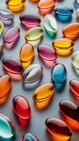 Colorful capsules scattered on a smooth surface creating a vibrant abstract pattern photo