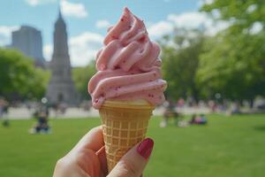 Enjoying a delicious pink soft serve ice cream cone in a park on a sunny day photo