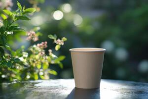 White paper cup sits on a table surrounded by blurred greenery in warm sunlight photo