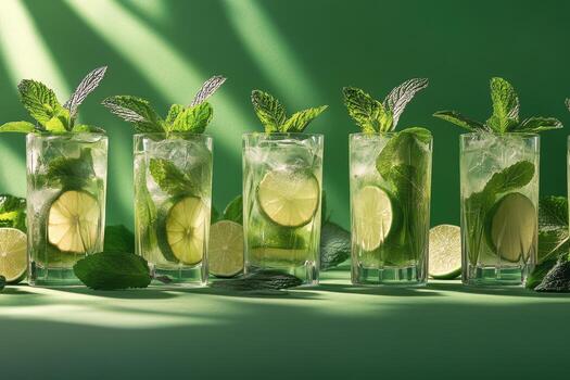 Refreshing drinks with mint and lime garnishes arranged on a green surface photo