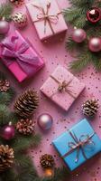Festive arrangement of colorful gift boxes and ornaments for holiday celebrations photo