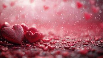Bright red hearts scattered on a soft pink background for celebration and love photo