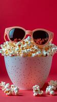 Popcorn bowl with sunglasses against a vibrant red background creates a playful mood photo