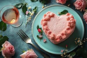 Heart shaped cake on a blue plate with roses and a glass of ros wine photo