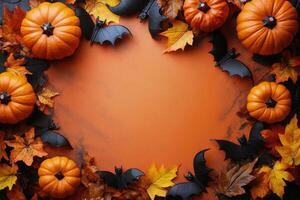 Festive autumn arrangement featuring pumpkins and bats against an orange background photo