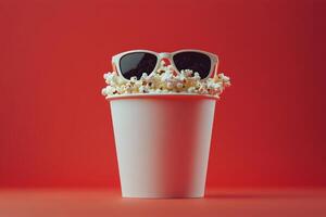 Colorful popcorn bucket wearing sunglasses against a vibrant background for a fun snack experience photo