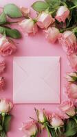 Pink envelope surrounded by roses on a soft pink background for special occasions photo