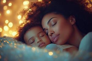 Mother kisses child while they sleep beside a glowing lotus lamp in a cozy room photo