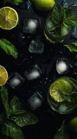 Refreshing mint and lime cocktails with ice in a dark setting photo