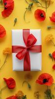 Wrapped gift box surrounded by colorful flowers on a bright yellow background photo