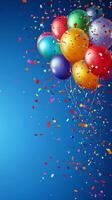 Colorful balloons rising with confetti on a bright blue background at a celebration photo