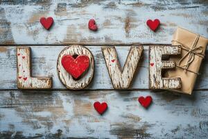 Decorative wooden letters spelling love surrounded by red hearts and a gift box on a wooden surface photo