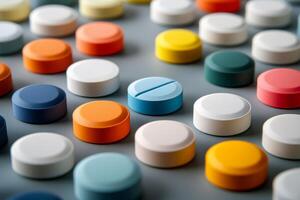 Colorful assortment of tablets displayed creatively for pharmaceutical marketing purposes photo