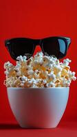 Popcorn bowl with sunglasses against a vibrant red background creates a playful mood photo