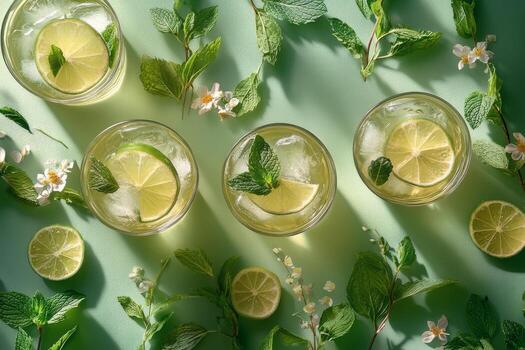 Refreshing drinks with mint and lime garnishes arranged on a green surface photo