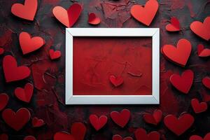 Creative display of red hearts surrounding a white picture frame on a dark background photo
