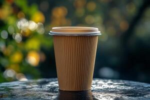 White paper cup sits on a table surrounded by blurred greenery in warm sunlight photo