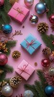 Festive arrangement of colorful gift boxes and ornaments for holiday celebrations photo