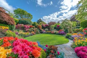 Colorful garden blooms surround a charming white house in bright sunlight photo
