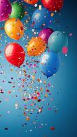 Colorful balloons rising with confetti on a bright blue background at a celebration photo