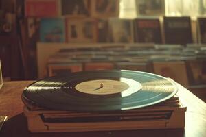 Vintage vinyl records stacked in a unique display showcasing music history photo