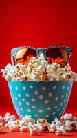 Popcorn bowl with sunglasses against a vibrant red background creates a playful mood photo