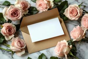 Delicate pink roses surrounding a blank envelope on a marble surface for personal notes photo