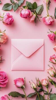 Pink envelope surrounded by roses on a soft pink background for special occasions photo