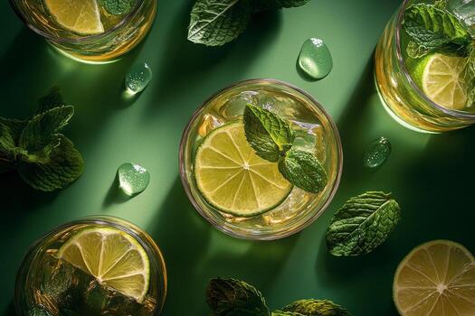 Refreshing drinks with mint and lime garnishes arranged on a green surface photo