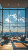 Modern interior design with large windows showcasing a city skyline in bright daylight photo