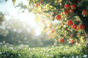 Bright sunny day with apple tree and clouds in a vibrant green field photo