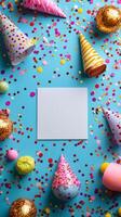 Colorful party decorations arranged on a bright blue surface with a blank space for message photo