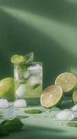 Refreshing mint and lime cocktails with ice in a dark setting photo