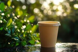 White paper cup sits on a table surrounded by blurred greenery in warm sunlight photo