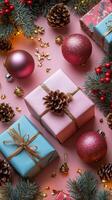 Festive arrangement of colorful gift boxes and ornaments for holiday celebrations photo