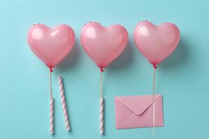 Heart shaped balloons and a pink envelope on a light blue background for celebration photo