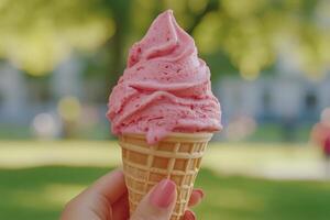 Enjoying a delicious pink soft serve ice cream cone in a park on a sunny day photo