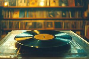 Vintage vinyl records stacked in a unique display showcasing music history photo