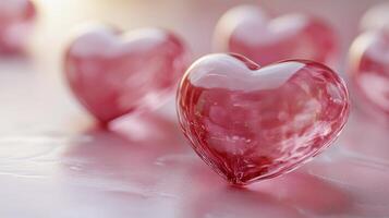 Beautiful pink glass hearts scattered on a soft surface creating a romantic atmosphere photo