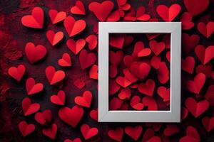 Creative display of red hearts surrounding a white picture frame on a dark background photo