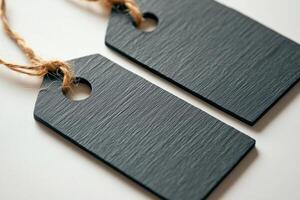 Rustic black tags with twine arranged on a surface for labeling and crafts photo