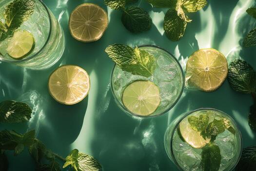 Refreshing drinks with mint and lime garnishes arranged on a green surface photo
