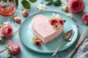 Heart shaped cake on a blue plate with roses and a glass of ros wine photo