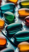 Colorful capsules scattered on a smooth surface creating a vibrant abstract pattern photo
