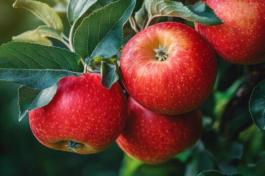 Bright sunny day with apple tree and clouds in a vibrant green field photo